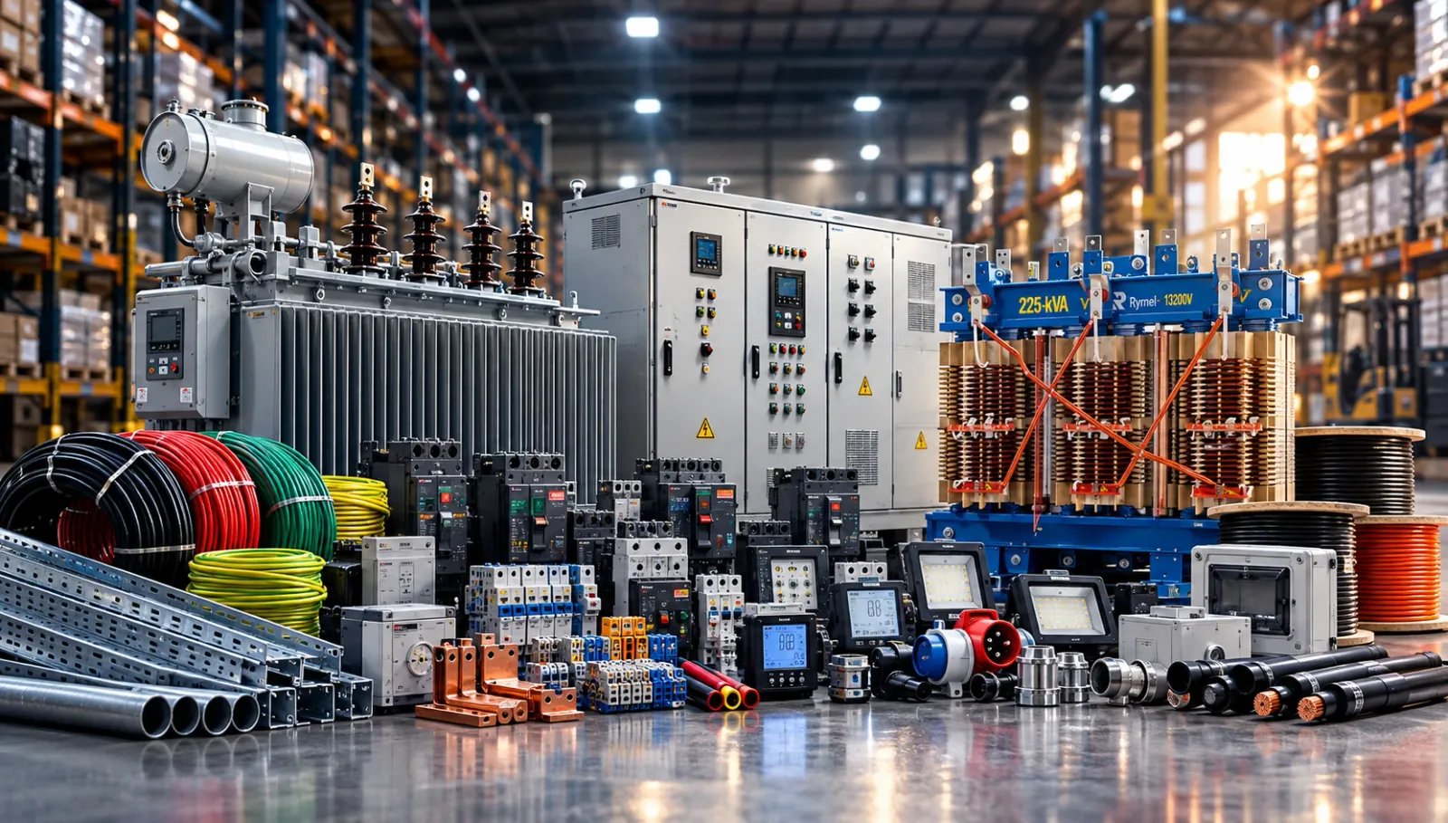 Transformadores, tablero eléctrico, cables, breakers y canaletas en un almacén